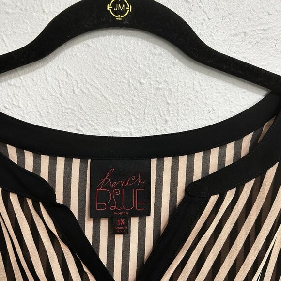 French Blue Sleeveless Tunic Top Chevron Striped Pleated Back Brown Beige Sz 1X - Picture 5 of 12